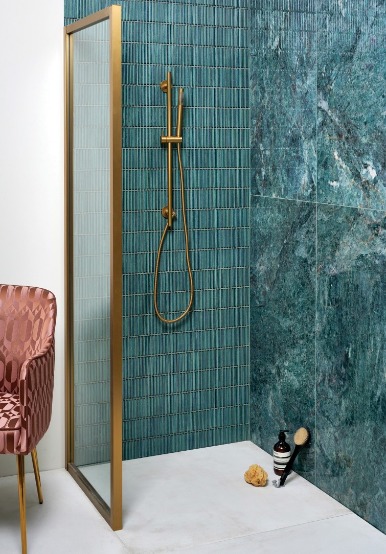 Bamboo porcelain tile in Verdigris & Marble Lux porcelain tile in Smeraldo